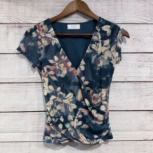 Sage The Label Floral Wrap Top Green Ruched Short Sleeve Blouse V-Neck Small